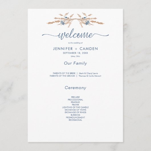 Blauwe korenbloemen & tarwe Modern White Wedding Programma (Voorkant)