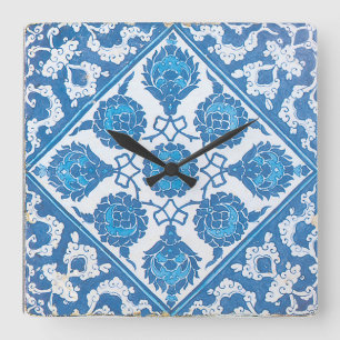 Blauwe Korenbloemen Vintage Blauwe Witte Tegel Vierkante Klok