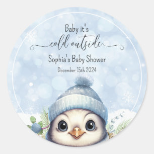 Blauwe Koude Buiten Pinguïn Winter Baby shower Ronde Sticker