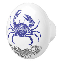 Blauwe Krab en Golven Minimalistische Nautilus Man Keramische Knop