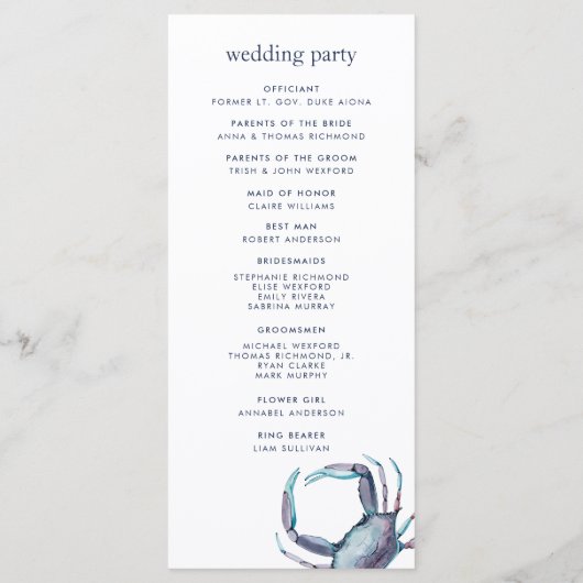 Blauwe krab | Nautische huwelijksceremonie program Programma (Achterkant)