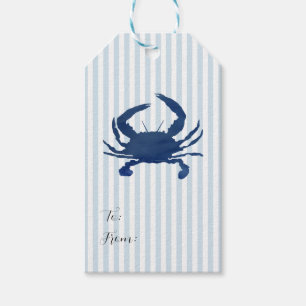 Blauwe Krab schilderij Nautisch Blauwe Streep Kust Cadeaulabel