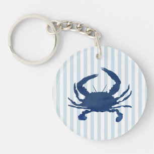 Blauwe krab schilderij nautische streep sleutelhanger