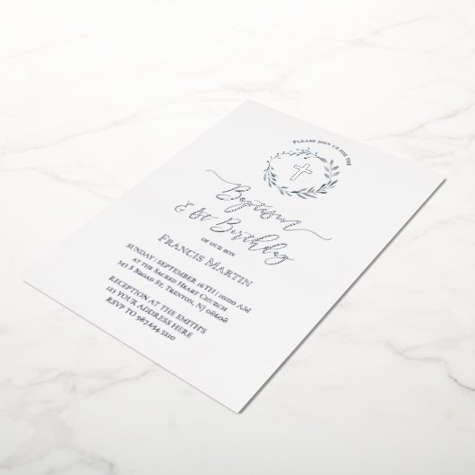 blauwe krans Doop en eerste verjaardag Folie Uitnodiging (Gedraaid)