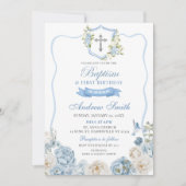 Blauwe Kreeft en Bloemen Doop & Eerste Verjaardag Kaart (Voorkant)