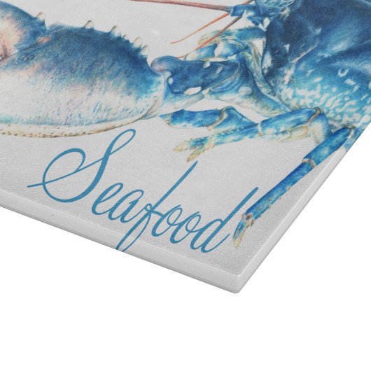 Blauwe kreeft fine art zeevruchten glas snijplank (Hoek)