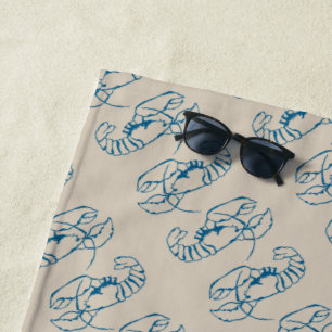 Blauwe kreeft lijn tekening op zandstrand tan kleu strandlaken