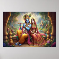Blauwe Krishna-kunst: Radha & Godheid Fluit, India