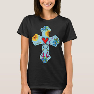 Blauwe Kruis Mexicaanse Folk Art Hart Bloemen Dag  T-shirt