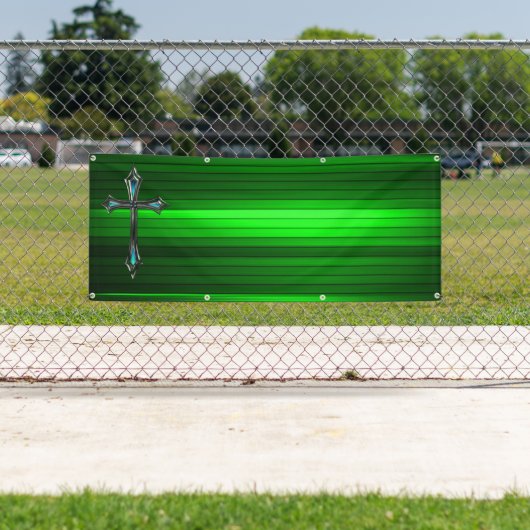 Blauwe kruisgroene plank Lange blanco kerk Spandoek (Insitu)