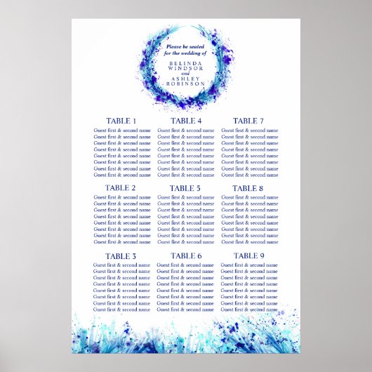 Blauwe kunstvergadertafel voor bruiloft 1-9 tafels poster (Voorkant)