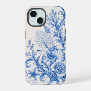Blauwe Kust Zeeschelp Bloemige Hoes voor Telefoon iPhone 15 Hoesje