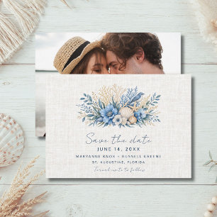 Blauwe Kuststrand Bruiloft Foto Save the Date
