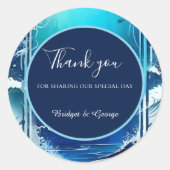 blauwe kustvibe bruiloft ronde sticker (Voorkant)