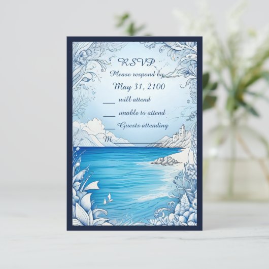 Blauwe kustvibe bruiloft RSVP-kaart RSVP Kaartje (Staand voorkant)