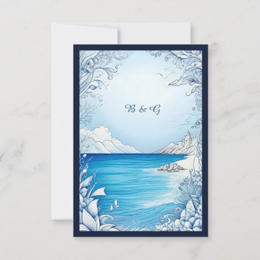 Blauwe kustvibe bruiloft RSVP-kaart RSVP Kaartje (Achterkant)