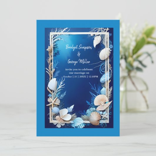 blauwe kustvibe bruiloft uitnodiging (Staand voorkant)