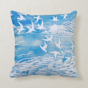 Blauwe kustvogels Moderne Waterverf Art Kussen
