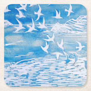 Blauwe kustvogels Moderne Waterverf Art Vierkante Kartonnen Onderzetter