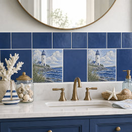 Blauwe kustvuurtoren nautische decoratie  tegeltje