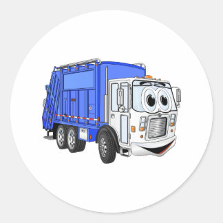 Blauwe lachende Cartoon vuilniswagen Ronde Sticker