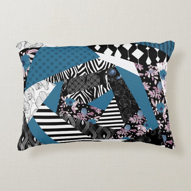 Blauwe lappendeken, populair, patchwork, folk, rus accent kussen (Voorkant)