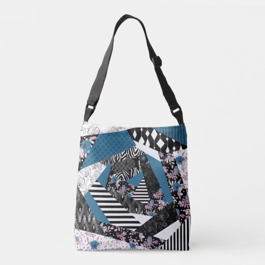 Blauwe lappendeken, populair, patchwork, folk, rus crossbody tas (Achterkant)