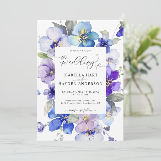 Blauwe Lavendel Bloemen Alles In 1 QR Code Bruilof Kaart (Staand voorkant)