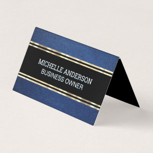Blauwe Leer Textuur Goud Trim Metallic Folie Visitekaartjes