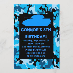 Blauwe Leger Camouflage Birthday Party - Uitnodigi Kaart