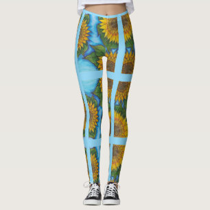 Blauwe Leggings met gele zonnebloemen en strepen