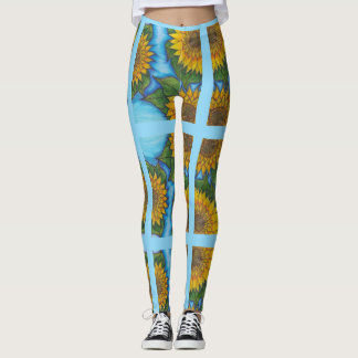Blauwe Leggings met gele zonnebloemen en strepen