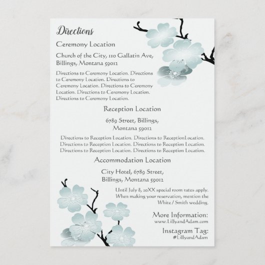 Blauwe lente bloesems met vlinders informatiekaartje (Achterkant)