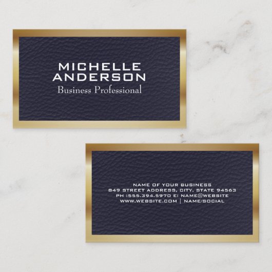 Blauwe leren textuur | Metallic rand Visitekaartje (Voorkant / Achterkant)