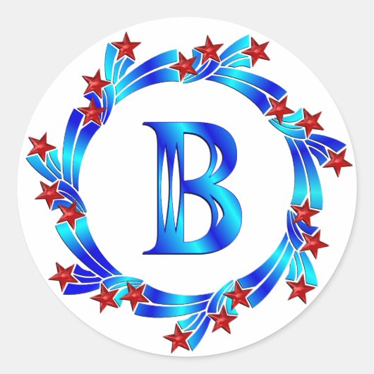 Blauwe letter B monogram rode sterren Ronde Sticker (Voorkant)