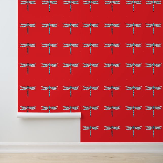 Blauwe libel in het rood behang (Applicatie)