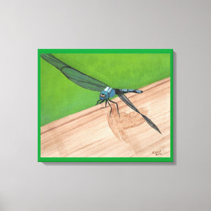 Blauwe Libel op een met Rails Omwikkelde Canvas Afdruk