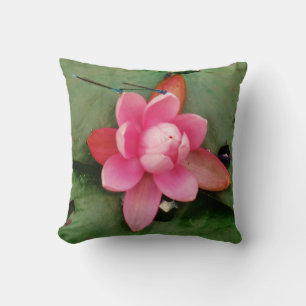 Blauwe libellen op een roze lotus kussen