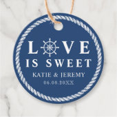 Blauwe liefde is zoete nautische bruiloft bedankjes labels (Voorkant)