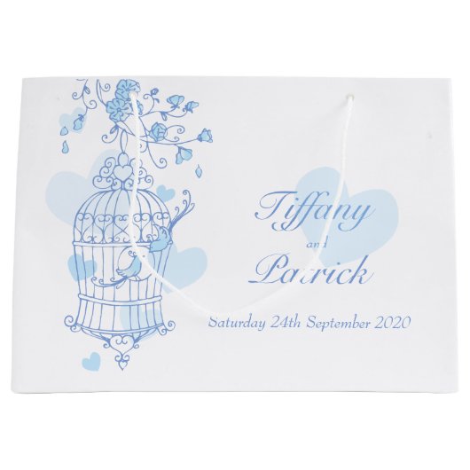 Blauwe liefdesvogels openen een cadeautas voor een (Voorkant)