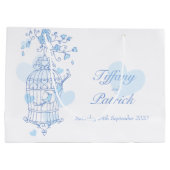 Blauwe liefdesvogels openen een cadeautas voor een (Achterkant)