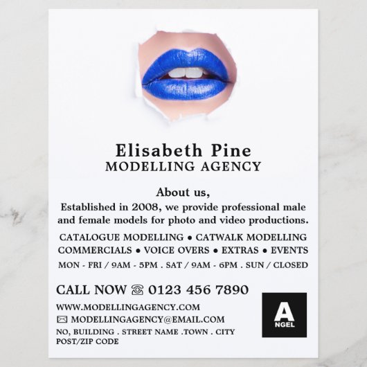 Blauwe liften, modellenbureau, modelagent flyer (Voorkant)