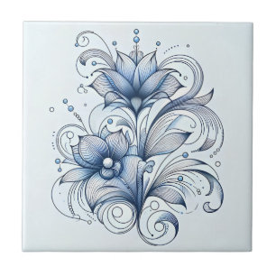 Blauwe Lijn Kunst Abstracte Bloemdecoratie voor On Tegeltje