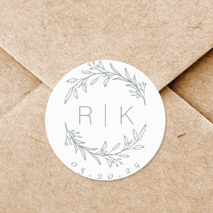 Blauwe Lijn Kunst Botanische Huwelijks Krans Initi Ronde Sticker