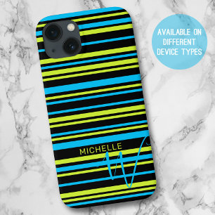 Blauwe lime groene eenvoudige strepen patroon mono iPhone 13 hoesje