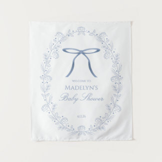 Blauwe linten en bloemen babyshower welkomstbord wandkleed