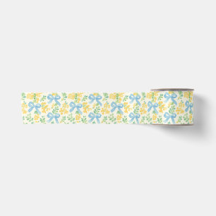 Blauwe linten en gele bloemencottagecore-patroon