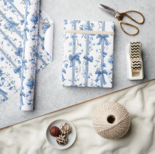 Blauwe linten en strikken Toile Coquette patroon Cadeaupapier