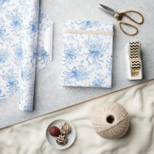 Blauwe linten en strikken Toile Coquette patroon Cadeaupapier