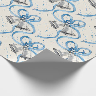 Blauwe linten en zilveren belletjes Crème Cadeaupapier